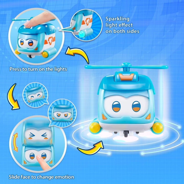 Super Wings Super Pets 4 PCS Shine, Golden Boy, Jerome, Ellie, cu expresie facială comutabilă, cu efect de fulger, portabil, jucărie pentru 3 4 5 6 7 8 ani băiat fată, 2 inci