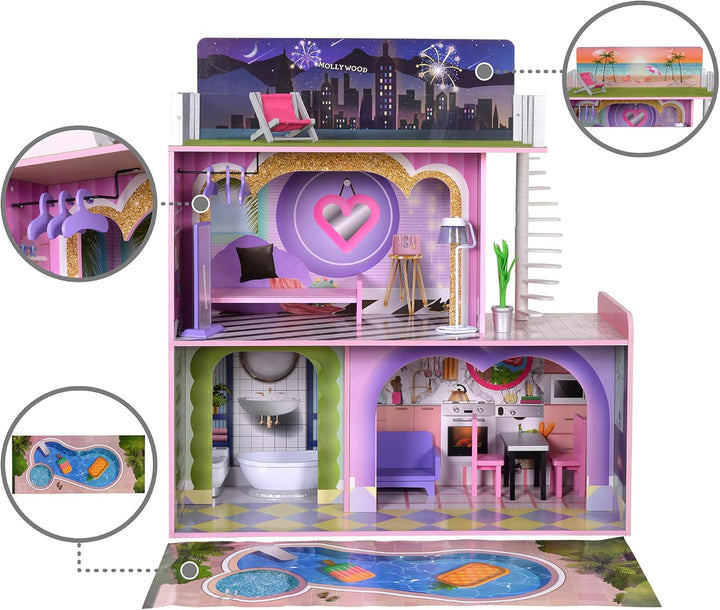 Olivia's Little World Big Dreamland Sunset Contemporary Casa de păpuși interactivă din lemn pentru copii 3 etaje cu 16 accesorii de mobilier pentru păpuși Multi TD-13616A