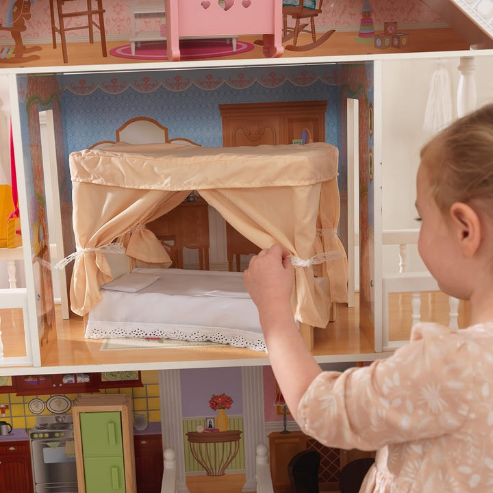 Casă de păpuși Kidkraft Savannah din lemn cu mobilier și accesorii, set de joacă cu scaun suspendat și pat cu baldachin pentru păpuși de 30 cm, jucărie pentru copii de la 3 ani, 65023