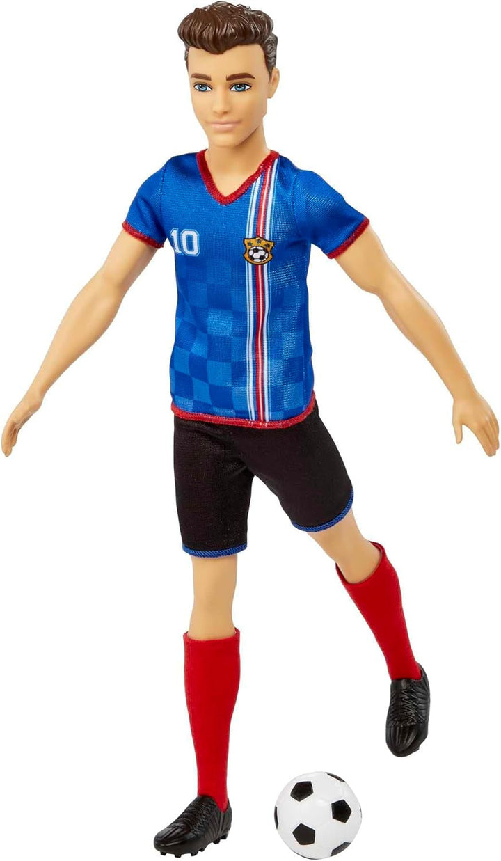 Barbie You Can Be Anything Series, Păpușă Ken Fotbalist, Păpușă Ken cu păr șaten, tricou albastru, fotbal, 1X Păpușă Ken Fotbalist, cadou pentru copii, jucării de la 3 ani, Hcn15