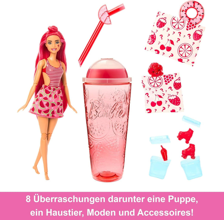 Barbie Pop Reveal Fruit - păpușă cu păr roșcat în aromă de pepene roșu, 8 surprize, fată squishy parfumată, păr și machiaj care își schimbă culoarea, pentru copii de la 3 ani, HNW43