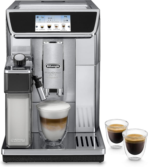 Aparat de cafea complet automat De'Longhi Primadonna Elite Experience ECAM 656.85.MS Cu sistem de lapte Lattecrema, cappuccino, ecran color de 4,3 inchi, control prin aplicație, funcție de ciocolată de băut, față din oțel inoxidabil, argintiu