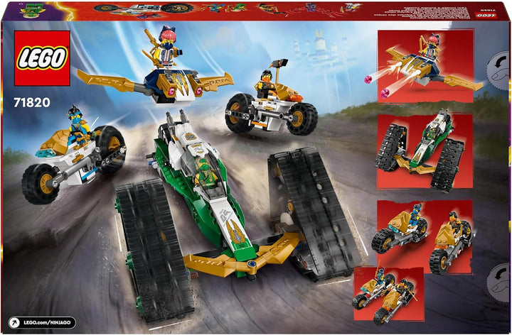 LEGO NINJAGO Ninja Team Combi Caterpillar, set 4 în 1 cu planor, mașină de curse și 2 motociclete și 6 minifigurine, cadou pentru băieți și fete, jucărie Ninja 71820
