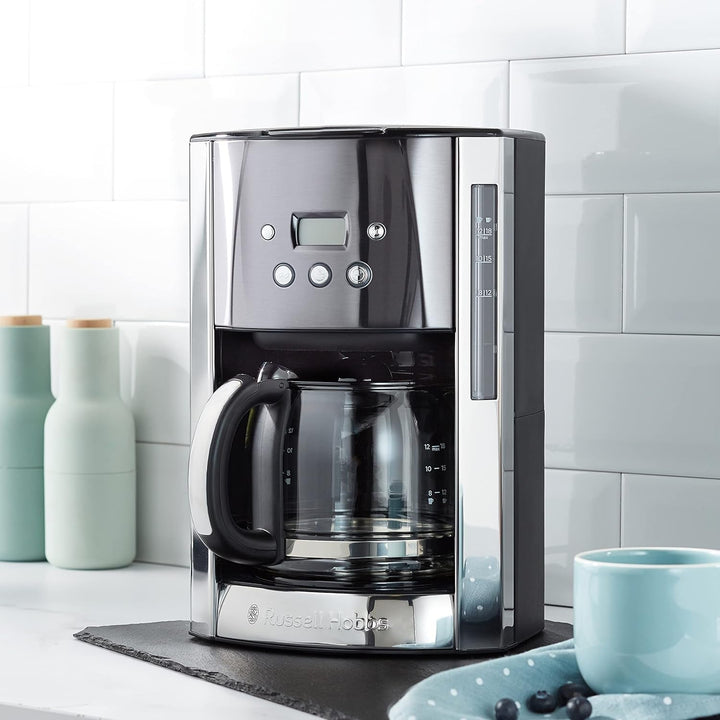 Cafetiera Russell Hobbs [cronometru digital, cap efervescent pentru extracție și aromă optime] Luna Grey (Max 12 cești, halbă de sticlă de 1,5L, placă de menținere la cald, 1000W) Filtru de cafea 23241-56