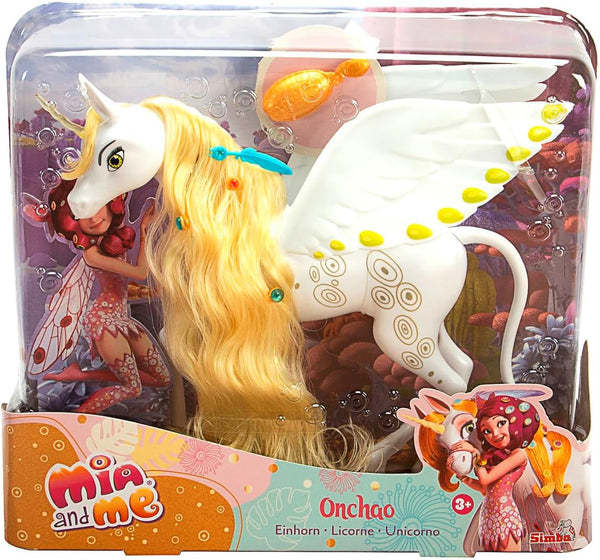 Simba 109480093 - Mia and Me Unicorn Onchao, Cu aripi mobile, agrafe de păr, perie pentru coafat, cal de joacă, ponei, Centopia, de la 3 ani, roz
