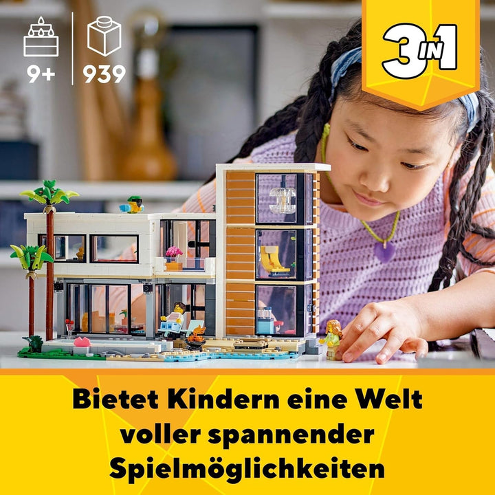LEGO Creator Modern House, set 3 în 1 pentru a converti într-o casă de oraș sau o cabană în pădure, model de casă, idee de cadou pentru băieți și fete de la 9 ani, jucărie educativă 31153