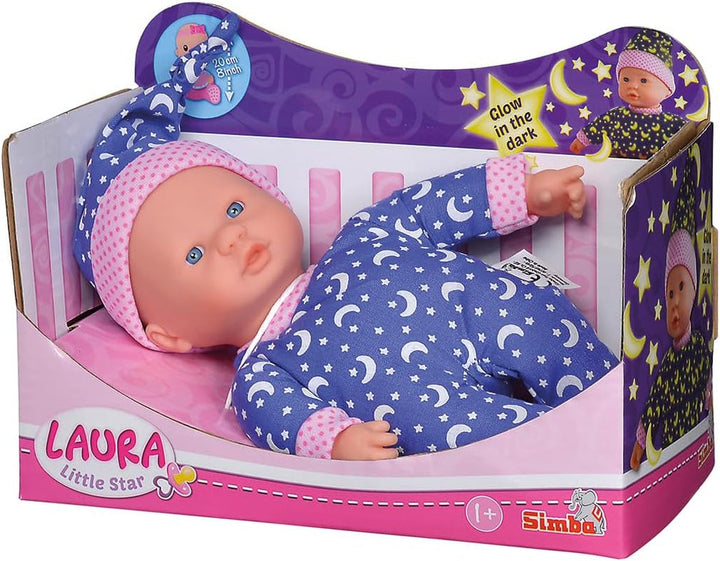 Simba 105010010 - Laura Little Star, păpușă cu corp moale în rochiță dulce și șapcă cu luni și stele strălucitoare, 20 cm, strălucește în întuneric, păpușă pentru copii de la 12 luni, albastru