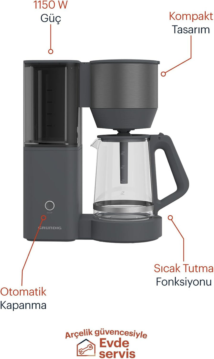 GRUNDIG KM 7340 Cafetieră cu filtru, putere 1.150 W, funcție de oprire a picurării, funcție de aromă, oprire automată, filtru permanent, 1,25 litri, ulcior din sticlă cu 10 cești, Inox închis