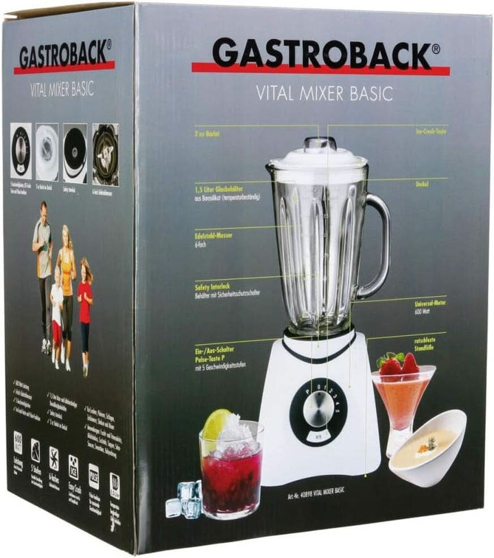 Gastroback 40898 Vital Basic, Mit Integrierter Ice-Crush Funktion, Leistungsstarker 600 Watt Motor Mixer, Kunststoff, 1.5 Liters, Weiß