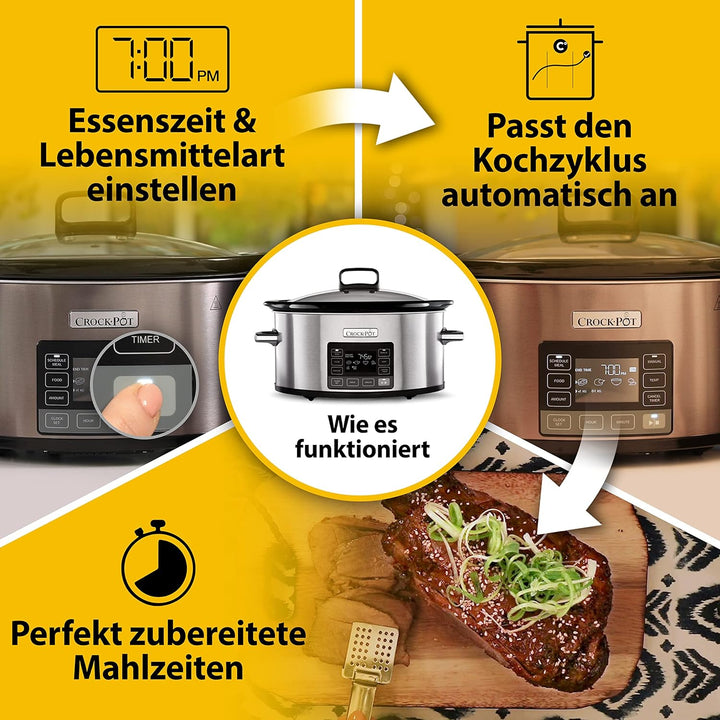 Crock-Pot Timeselect Digitaler Schongarer | Mit Programmierbarem Timer Und Digitaler Anzeige | 5,6 L Fassungsvermögen (Für 7 Personen Und Mehr) | Warmhaltefunktion | Edelstahl [CSC066X]