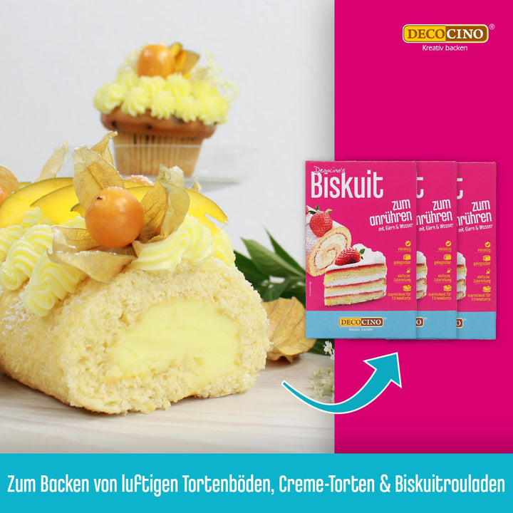 DECOCINO Biskuit Backmischung Set (3X250 G) – Einfache Zubereitung – Gelingsicher – Zum Backen Von Luftigen Biskuitböden, Creme-Torten, Biskuitrollen Uvm.