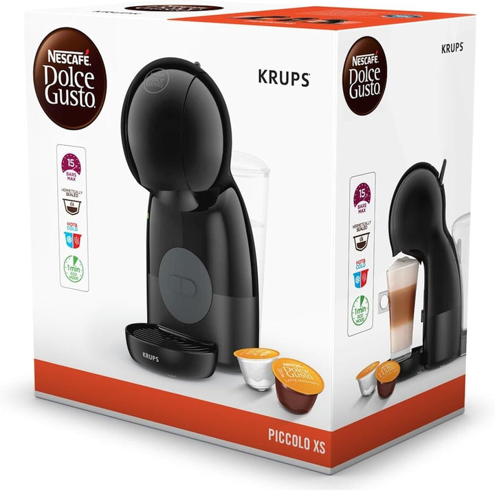 NESCAFÉ Dolce Gusto Piccolo XS by KRUPS, Aparat de cafea cu capsule, 15 bar, Rezervor de apă 0.8L, Mod de economisire a energiei, Se potrivește în orice bucătărie datorită amprentei reduse, Băuturi calde și reci, Antracit, KP1A3B