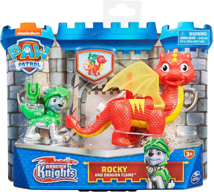 PAW PATROL, Rescue Knights Rocky și Dragon Flame set de figurine de acțiune, jucărie potrivită pentru copii cu vârsta de peste 3 ani