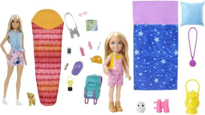 Barbie Camping Series, păpușă 1X cu păr blond, rucsac de drumeție, echipament de exterior, binoclu, hartă, cățel, accesorii, cadou pentru copii, jucărie de la 3 ani,Hdf73