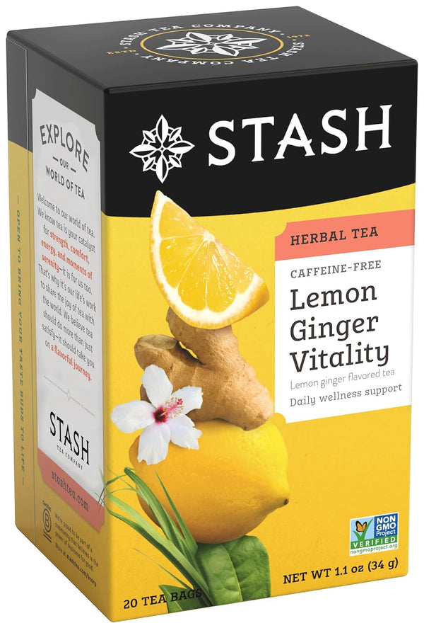 Tea Lemon Ginger Vitality Herbal Tea - Naturally Caffeine Free, Non-Gmo Project Verified Premium Tea with No Artificial Ingredients, 20 Count (Pack of 6) - 120 Bags Total Tea USA Naty Shop Ginger Lemon 20 Count (Pack Of 6)