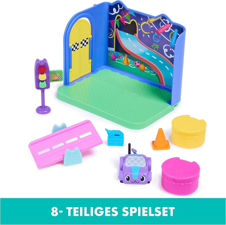 Gabby's Dollhouse Deluxe Room, cameră de joacă Purr-Ific, cameră de joacă cu mașină de jucărie Carlita, 2 piese de mobilier și 2 cutii surpriză cu accesorii, potrivită pentru copii de 3 ani și peste