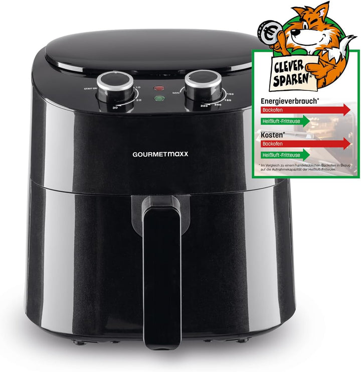 Gourmetmaxx Digitale Heißluftfritteuse XXL - 9L Ofen | Airfryer Mit Timerfunktion, Touchdisplay, Drehspieß, Schaschlikspießen | Fettarm, Energiesparend Frittieren | 8 Programme, 1800 W