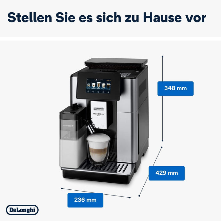 Aparat de cafea complet automat De'Longhi Primadonna Soul Perfetto ECAM 612.55.SB cu sistem de lapte Lattecrema și tehnologie Bean Adapt, 18 rețete, cu control prin aplicație cu afișaj color, argintiu/negru