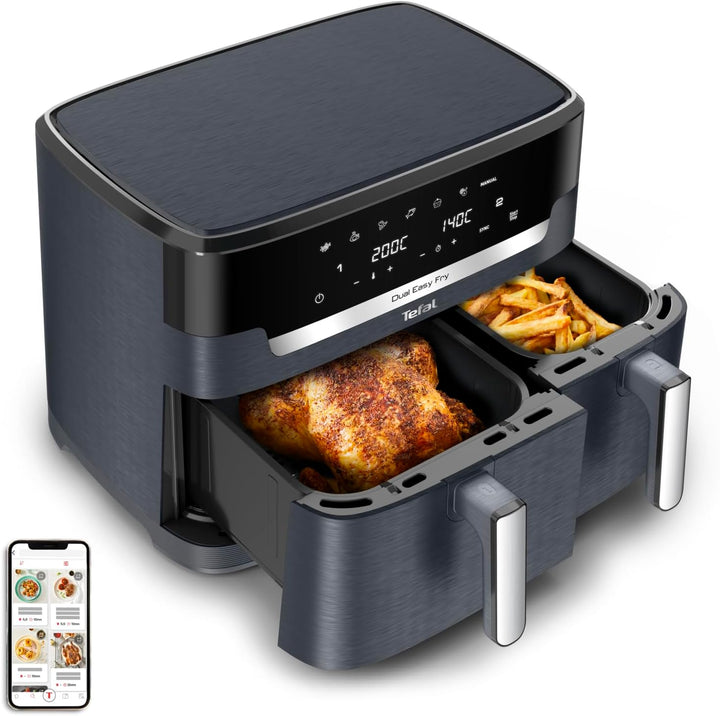 Tefal Dual Easy Fry Heißluftfritteuse Doppelkammer, 5,2/3,1 L Fassungsvermögen, Zwei Unabhängige Schubladen, 7 Programme, Energiesparender Airfryer, Schwarz, EY9018