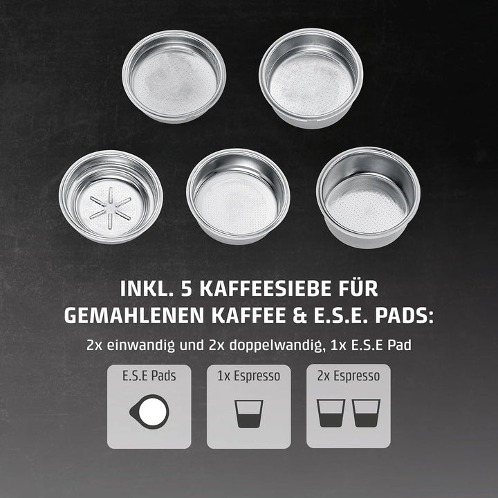 CASO Espressogourmet Crema - mașină cu portafilter, mașină de espresso, cu spumă de lapte, espresso, cappuccino, portafilter din oțel inoxidabil, pompă Ulka de 20 bar, mașină de cafea, cafea pudră, doze ESE