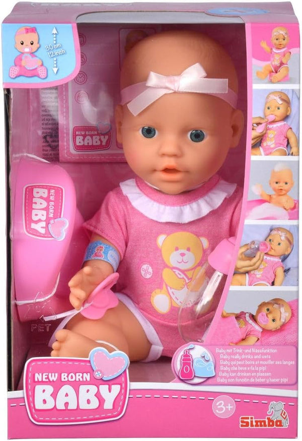 Simba 105030069 - New Born Baby Doll, păpușă din vinil cu funcție de băut și hrănit, cu certificat de naștere și accesorii, 4 bucăți, 30 cm, păpușă, de la 3 ani