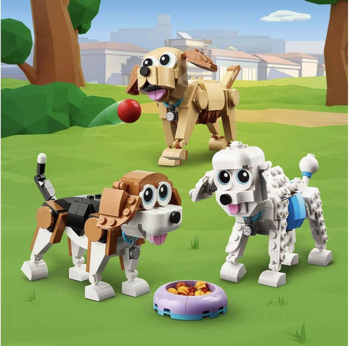 LEGO 31137 Creator 3In1 Set de câini drăguți cu figuri de animale Teckel, Pug, Poodle și multe altele, jucărie pentru copii 7+, cadou pentru iubitorii de câini