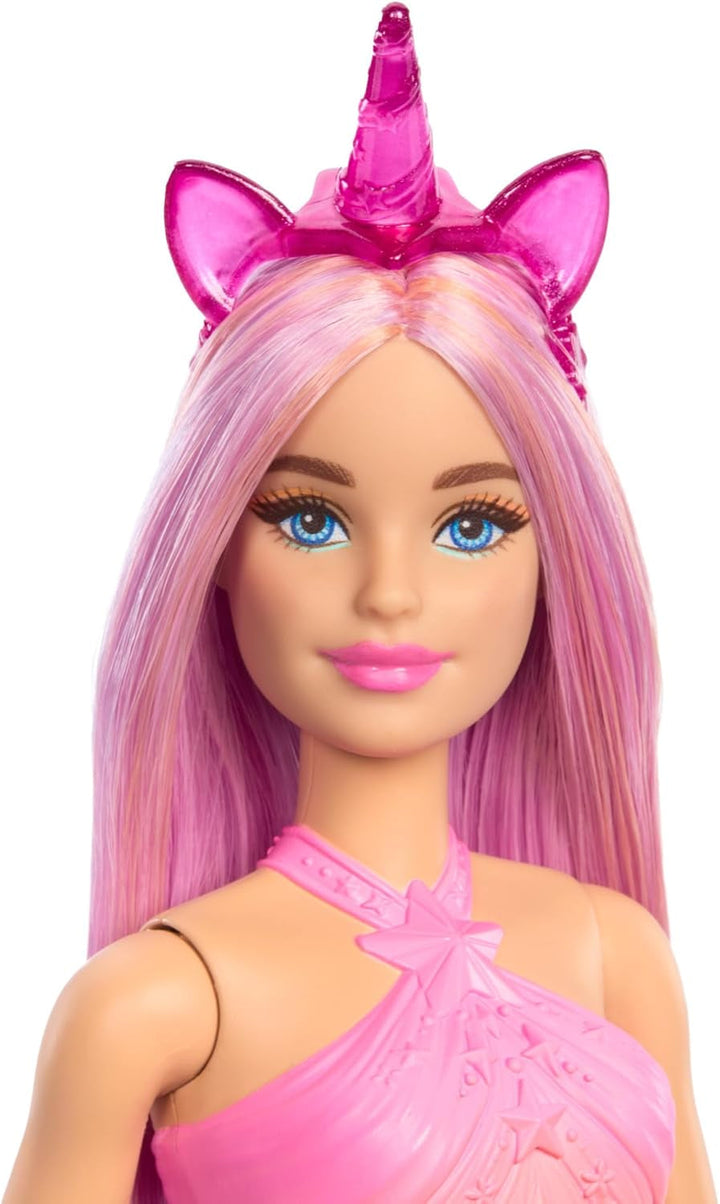 Păpuși Barbie Unicorn cu păr fantezie colorat, ținute cu gradient de culoare și accesorii fantezie în jurul temei unicorn, HRR13