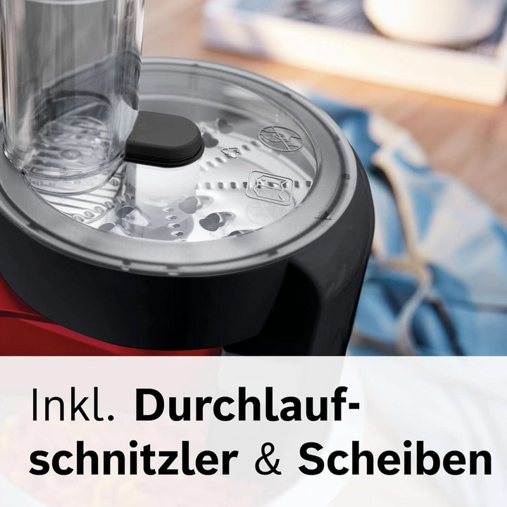 Bosch Küchenmaschine Serie 2 MUMS2ER01, Edelstahl-Schüssel 3,8 L, Planetenrührwerk, Knethaken, Schlag-, Rührbesen Edelstahl, Durchlaufschnitzler, 3 Scheiben, 700W, Rot