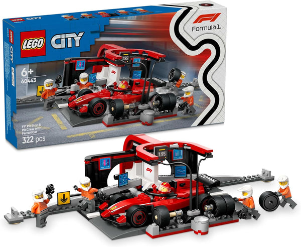 LEGO City F1 Pit Stop cu echipa și Ferrari Speedster - Set Formula 1 Pit Stop cu 1 pilot de curse și 4 minifigurine mecanice - Jucărie pentru mașini de curse pentru băieți și fete peste 6 ani - 60443