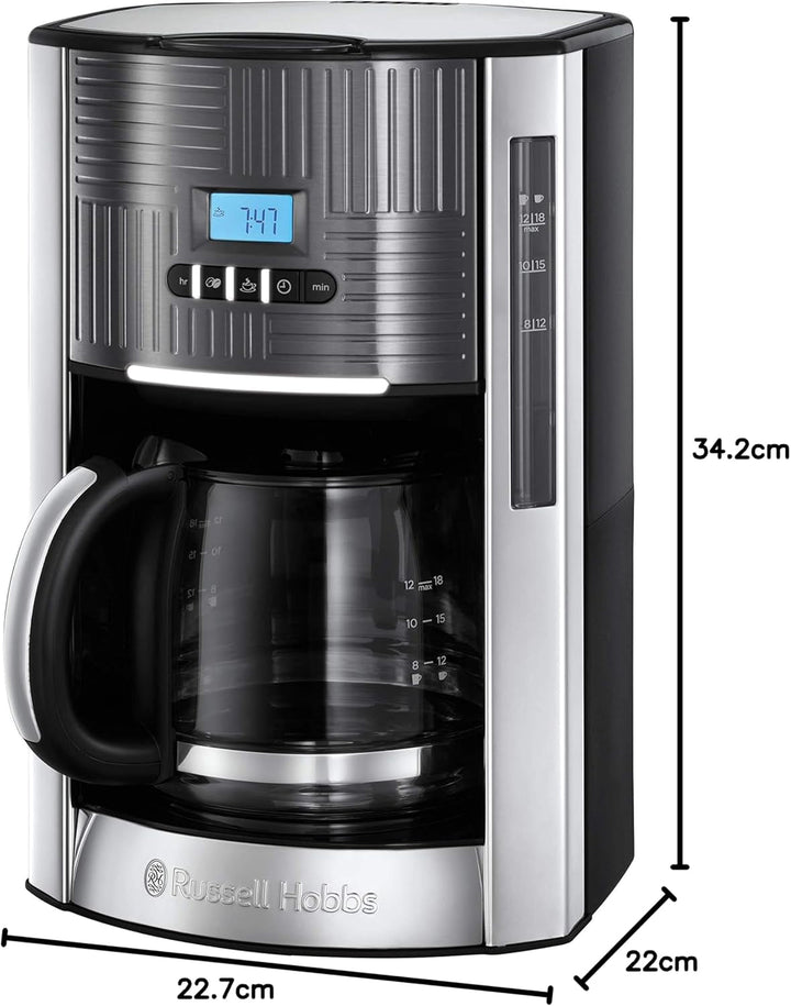 Cafetiera Russell Hobbs [cronometru digital, cap de duș pentru extracție și aromă optimă] Geo Stainless Steel Grey (Max 12 cești, ulcior de sticlă de 1,5L, placă de încălzire, 1000W) Filtru de cafea 25270-56