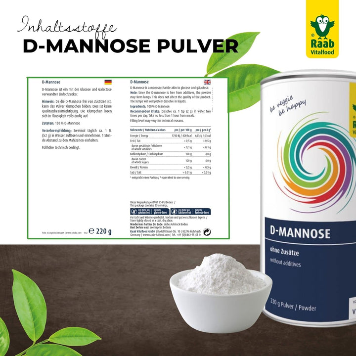 Raab Vitalfood® D-Mannose Pulver (220 G) - Frei Von Zusätzen, Vegan, Glutenfrei, Gut Löslich, Mit Meßlöffel in Der Dose, Vorratspackung, 100% D-Mannose (Gewonnen Aus Mais)