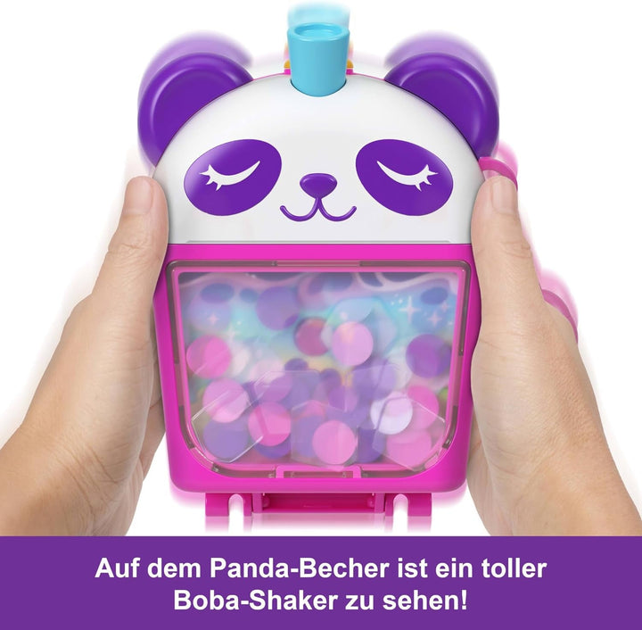 Polly Pocket păpuși și set de joacă, Bubble Tea Panda Box, jucărie pentru animale cu 2 păpuși mici, Panda și accesorii pentru mâncare, HWN95