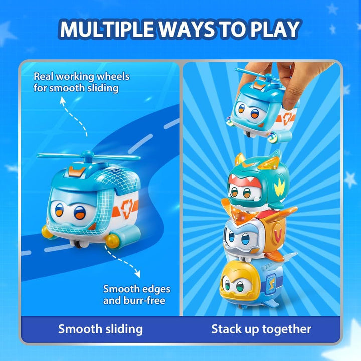 Super Wings Super Pets 4 PCS Shine, Golden Boy, Jerome, Ellie, cu expresie facială comutabilă, cu efect de fulger, portabil, jucărie pentru 3 4 5 6 7 8 ani băiat fată, 2 inci