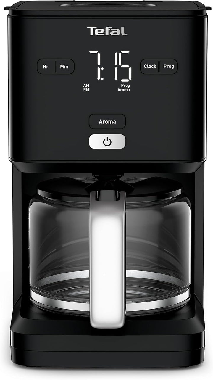 TEFAL SMART'N LIGHT Cafetieră electrică neagră, 1,25 L, programabilă, 24 ore, funcție aromă după 30 minute, fără picurare, CM600810