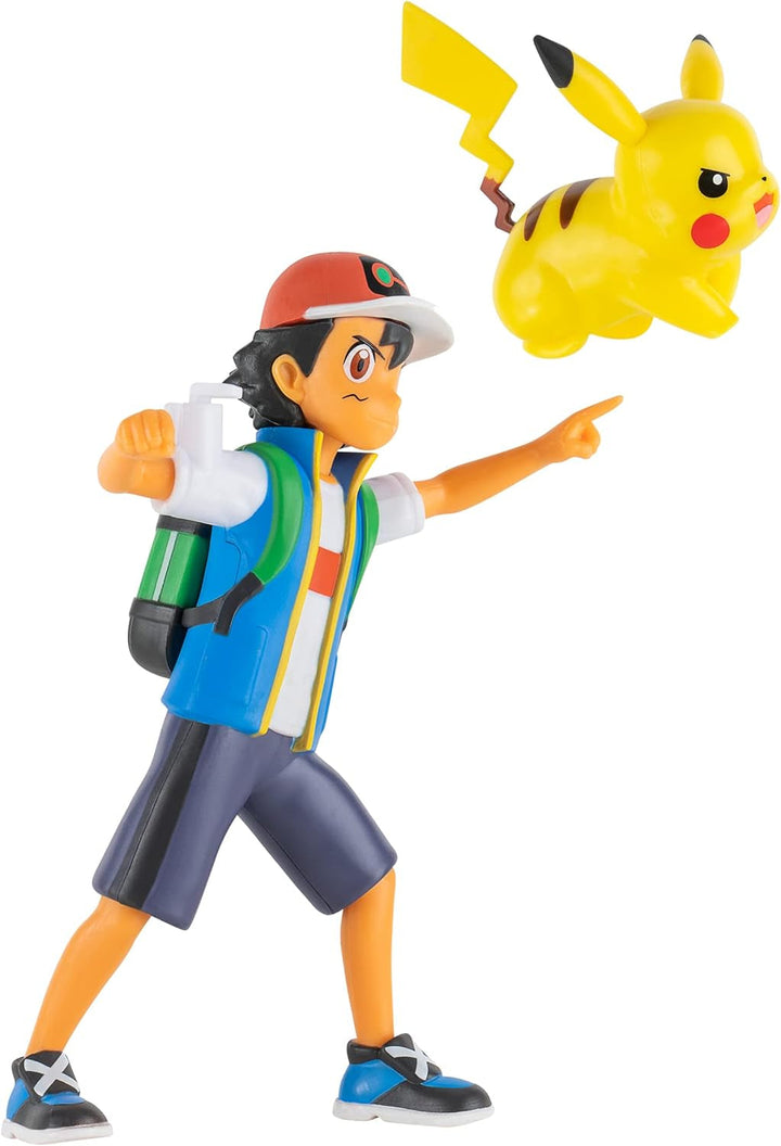 Pokémon PKW2473 - Battle Feature Figure - Ash & Pikachu, figuri mobile oficiale, 11,5 cm Ash și 5 cm Pikachu