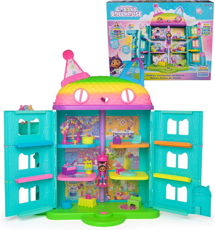 Casa de păpuși Gabby™S, set de 15 piese pentru casa de păpuși Purrfect Party cu aspect curcubeu, de peste 60 cm, cu figura Gabby, mobilier și efecte sonore, de la 3 ani