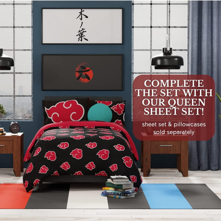 Franco Naruto Anime Akatsuki Pattern Lenjerie de pat moale microfibră Plapumă Queen, (produs oficial Naruto)