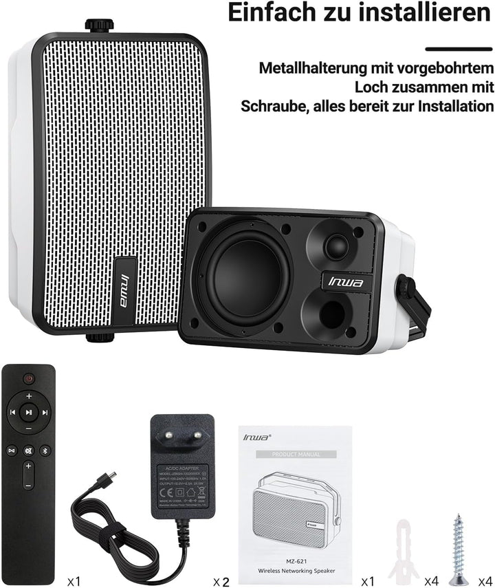 Inwa Bluetooth-Außenlautsprecher, Wandmontierbar, Wasserdicht (IPX5), Leistungsstarkes Bass-Soundsystem Für Den Innen- Und Außenbereich, Sync Von Bis Zu 100 Lautsprechern (2PCS, MZ621)