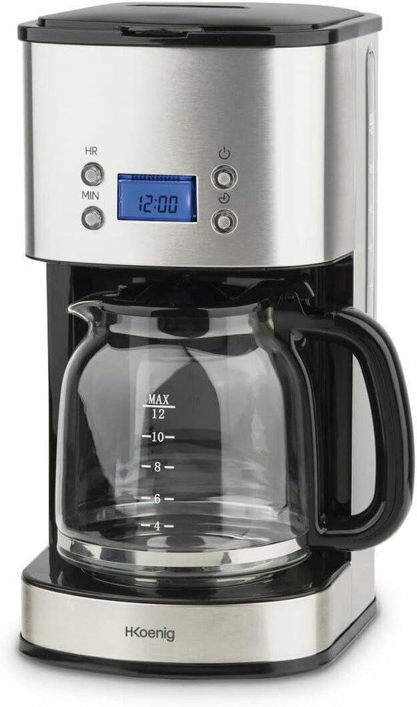 Cafetieră cu filtru din oțel inoxidabil H.Koenig 1,5L (12 cești) MG30, 1000W Carafă din sticlă gradată, Sistem anti-picurare, Menține cald, Afișaj Ldc, Oprire automată, Suport filtru detașabil, lavabil