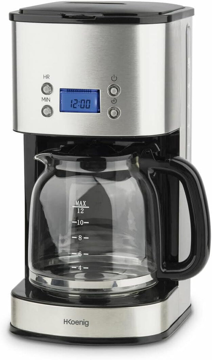 Cafetieră cu filtru din oțel inoxidabil H.Koenig 1,5L (12 cești) MG30, 1000W Carafă din sticlă gradată, Sistem anti-picurare, Menține cald, Afișaj Ldc, Oprire automată, Suport filtru detașabil, lavabil