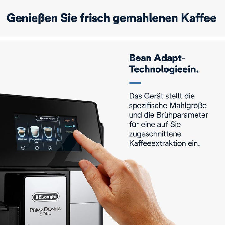 Aparat de cafea complet automat De'Longhi Primadonna Soul Perfetto ECAM 612.55.SB cu sistem de lapte Lattecrema și tehnologie Bean Adapt, 18 rețete, cu control prin aplicație cu afișaj color, argintiu/negru