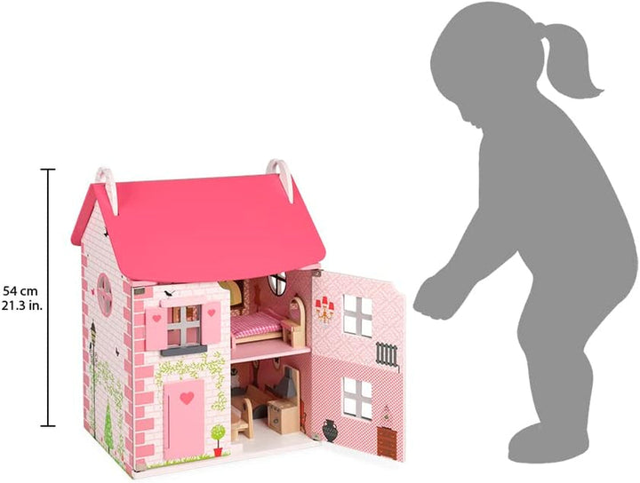 Janod - Casa de păpuși din lemn Mademoiselle, 3 etaje și cu 11 accesorii, replică de jucărie, dezvoltă imaginația, de la 3 ani, J06581, roz Casute de papusi Naty Shop