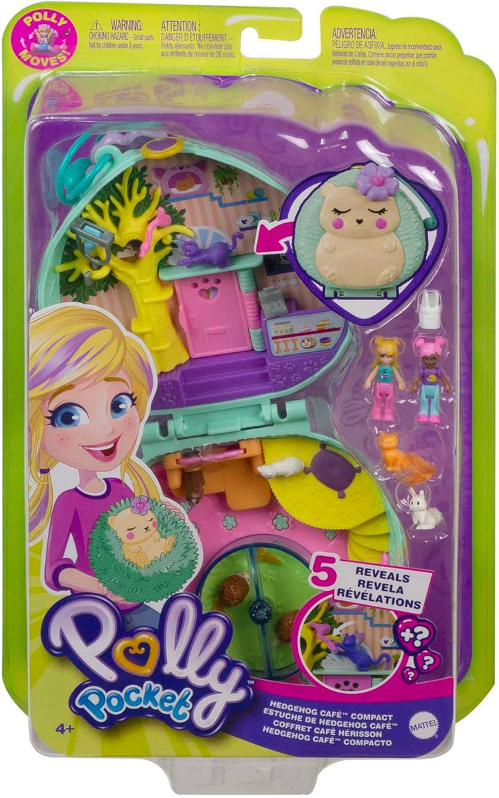 Polly Pocket GTN15 - Cutie de cafea cu arici în design de cafenea și animal de companie, păpușă și prieten mic Polly, 2 figuri de animale, efecte surpriză, cadou de jucărie minunat pentru copii cu vârsta peste 4 ani