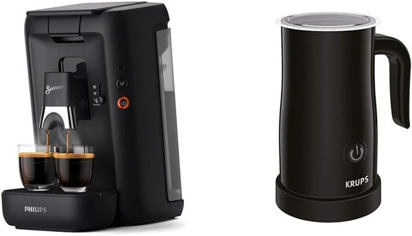 Aparat de cafea cu doze Philips Senseo Maestro cu selecție a intensității cafelei și funcție memo & spumator electric de lapte Krups XL1008 | Capacitate de spumare de până la 150 ml negru