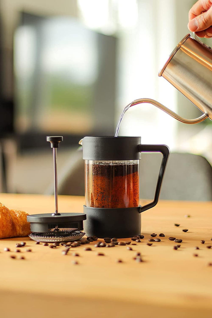 Milu French Press Coffee Maker | 350Ml, 600Ml, 1L | Presă de cafea din sticlă, filtru de cafea pentru acasă Călătorii Camping Incl. Coaster, lingură, filtru de rezervă (negru, 600Ml (3 cani)