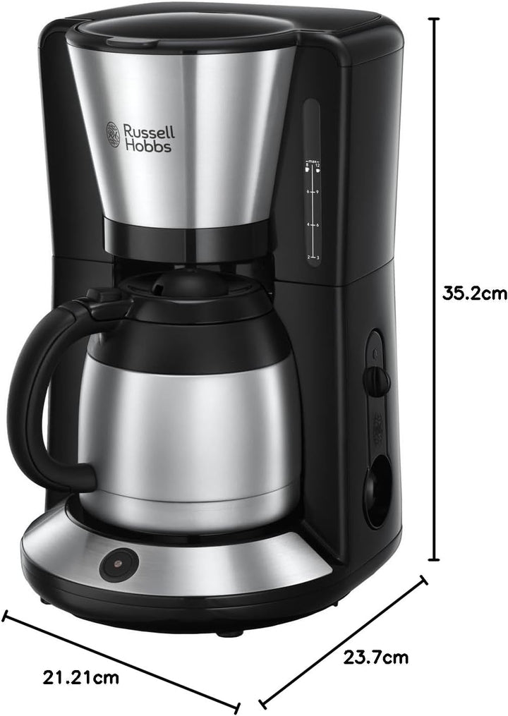 Cafetiera Russell Hobbs [Cap efervescent pentru extracție și aromă optime] Adventure (Max 8 cești, cană termo de 1,0 l, oprire automată, opritor de picurare, 1100 W) Filtru de cafea 24020-56, negru