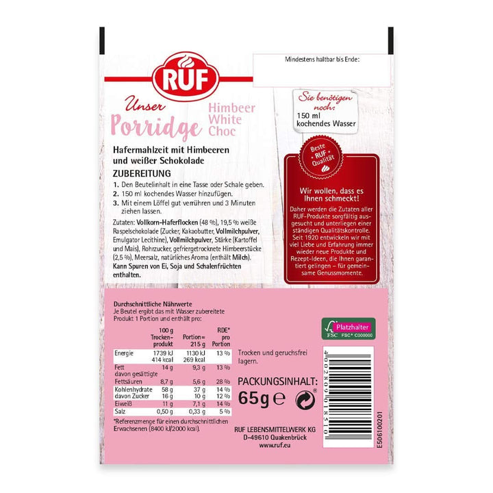 RUF Porridge Raspberry White Choc, Porridge instant cu bucăți de zmeură și ciocolată albă rasă, 65 de grame