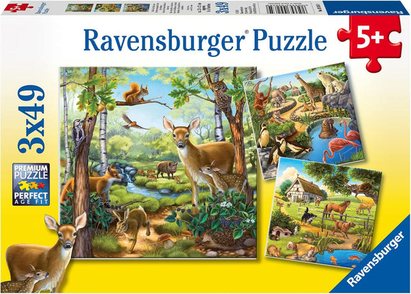 Ravensburger Puzzle jigsaw pentru copii - 09265 Forest/Zoo/Pets - puzzle jigsaw pentru copii de peste 5 ani, cu 3X49 piese