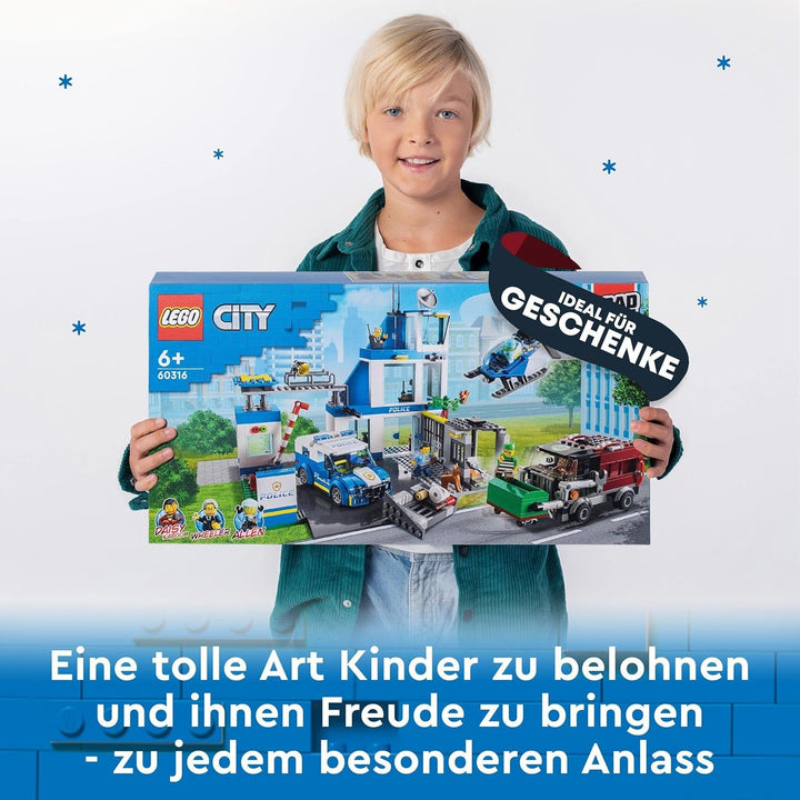 Stație de poliție LEGO 60316 City cu mașină de poliție, mașină Mill și elicopter, clădire construibilă cu 3 figuri, jucărie de poliție pentru băieți și fete de la 6 ani, cadou pentru copii