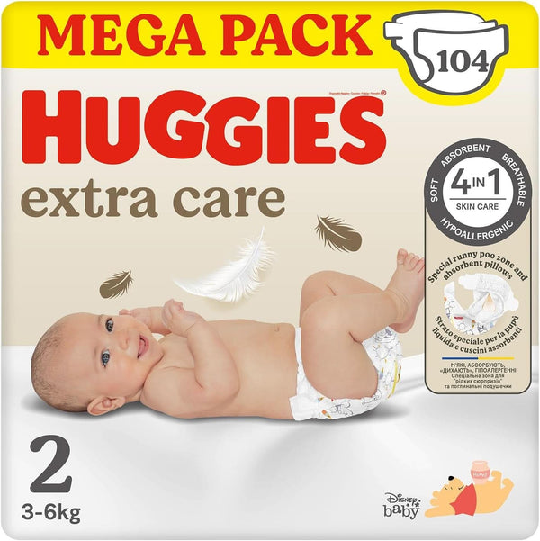 Huggies Extra Care Bebè, Windeln Größe 2 (3-6 Kg), Sehr Saugfähig, Disney-Design, Mega-Pack, 104 Stück